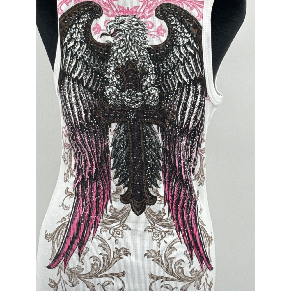 Vocal Womens Ribbed Tank Top White Pink Angel Wings Cross Rhinestone Y2K Large - Picture 6 of 8